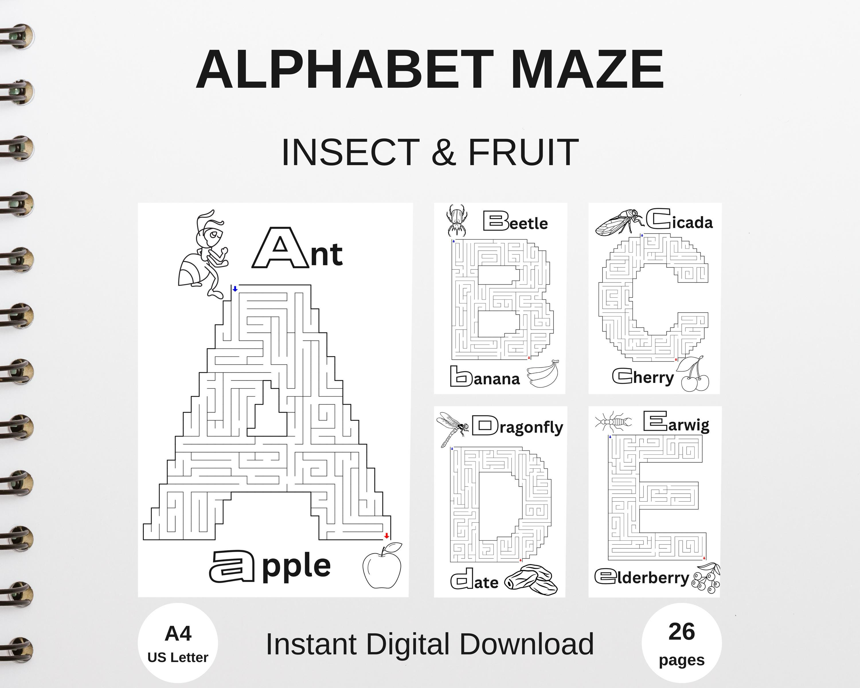 Alphabet Maze Game | Insect & Fruit Puzzle (Digital Download) cover